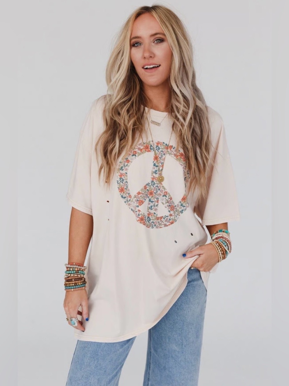3BN Jude Oversized Peace Sign
Graphic Tee, Size Large, MAUVE
